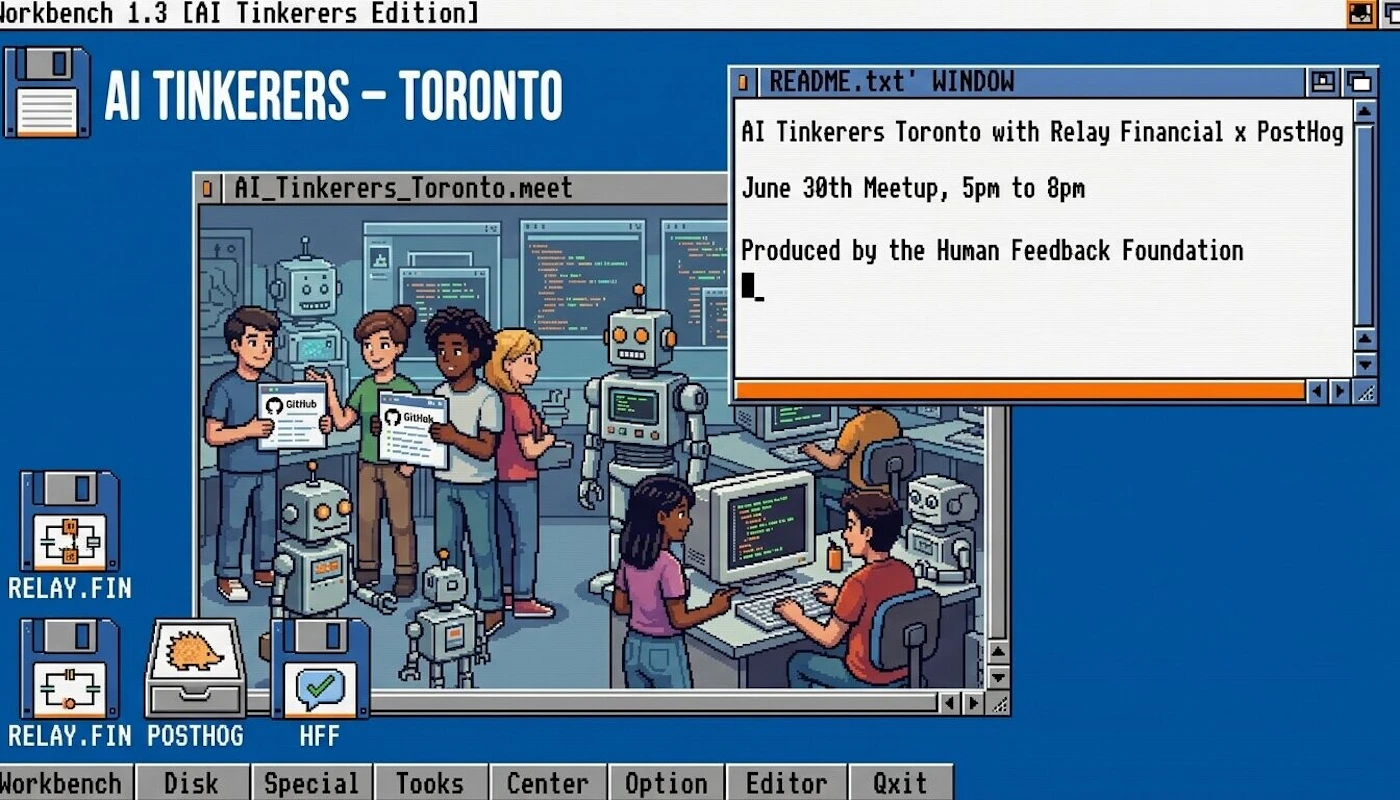 (Illustration) A retro-style pixel art illustration designed to look like a classic Amiga Workbench operating system desktop, featuring windows showing people and robots collaborating, alongside a text window promoting an AI Tinkerers Toronto meetup. Text: Workbench 1.3 [AI Tinkerers Edition] AI TINKERERS - TORONTO AI_Tinkerers_Toronto.meet README.txt WINDOW AI Tinkerers Toronto with Relay Financial x PostHog June 30th Meetup, 5pm to 8pm Produced by the Human Feedback Foundation GitHub RELAY.FIN RELAY.FIN POSTHOG HFF Workbench Disk Special Tooks Center Option Editor Qxit 16-bit retro computer graphic | Colors: #0055aa, #aaaaaa, #ff5500, #ffffff Note: The image is a digital pixel art illustration styled as a retro operating system interface.