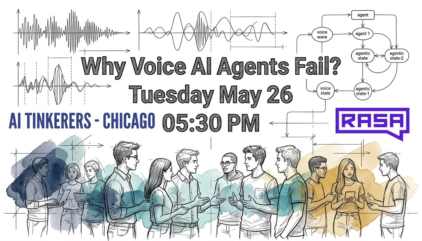 A promotional banner for a tech event titled 'Why Voice AI Agents Fail?' organized by AI Tinkerers - Chicago, featuring a diagram of agent states and an illustration of people in discussion.. Text: Why Voice AI Agents Fail?
Tuesday May 26
AI TINKERERS - CHICAGO 05:30 PM
RASA
agent
voice wave
agent 1
agentic state
agentic state-2
voice state
agentic state-1
