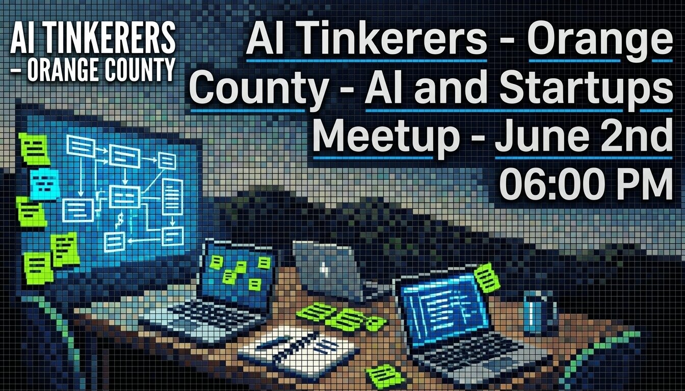 A promotional banner for an 'AI Tinkerers' meetup in Orange County, featuring a pixelated illustration of a digital workspace.. Text: AI TINKERERS - ORANGE COUNTY
AI Tinkerers - Orange County - AI and Startups Meetup - June 2nd 06:00 PM