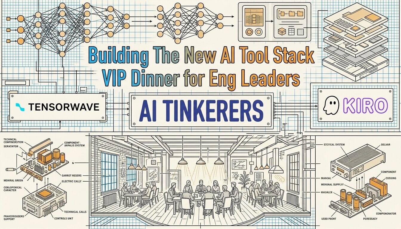 A promotional banner for an AI-themed VIP dinner event, featuring technical diagrams of neural networks and hardware components around an illustration of a group dining.. Text: Building The New AI Tool Stack
VIP Dinner for Eng Leaders
TENSORWAVE
AI TINKERERS
KIRO
TECHINCAL COMPNORSTION
SERASNTOR
COMPONENT ARPALIS SYSTEM
GARROT RESERS
ELECTRIC CALLY
MENIRAL GREEN
CORLOPORICAL CARACTER
TECHINCAL CALLS
CONTROLS UINT
FRAKOFROUSERS SUPPORT
ETCFICAL SYSTEM
DELVAR
COMPONENT CUSSING
MANGAL
MSNUNAL SUPPUY
MAUALER
COMPONONATOR
PCRESSACY
USBD PBONT