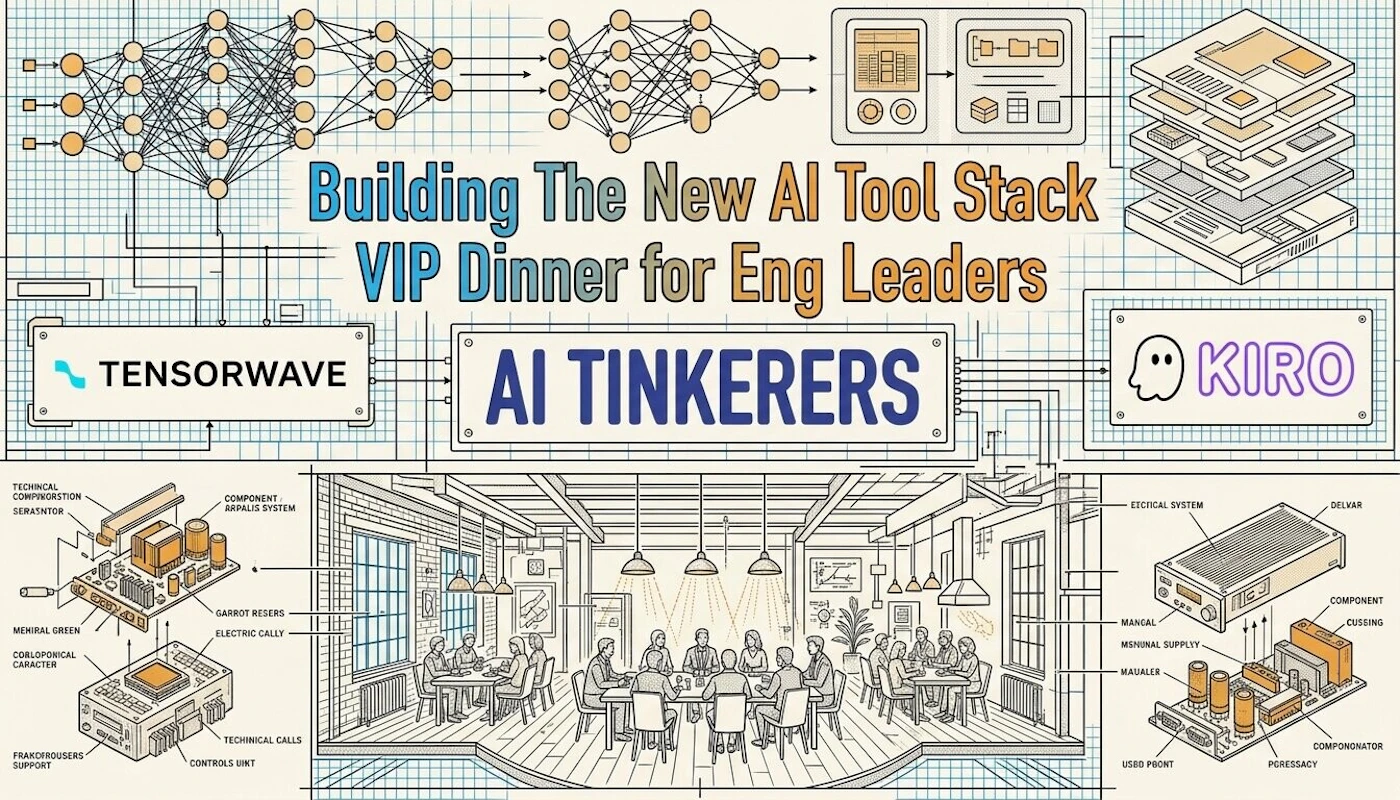 (Banner) A promotional banner for an AI-themed VIP dinner event, featuring technical diagrams of neural networks and hardware components around an illustration of a group dining. Text: Building The New AI Tool Stack VIP Dinner for Eng Leaders TENSORWAVE AI TINKERERS KIRO TECHINCAL COMPNORSTION SERASNTOR COMPONENT ARPALIS SYSTEM GARROT RESERS ELECTRIC CALLY MENIRAL GREEN CORLOPORICAL CARACTER TECHINCAL CALLS CONTROLS UINT FRAKOFROUSERS SUPPORT ETCFICAL SYSTEM DELVAR COMPONENT CUSSING MANGAL MSNUNAL SUPPUY MAUALER COMPONONATOR PCRESSACY USBD PBONT Technical and modern, combining schematic art with a narrative illustration style. | Colors: #f7f3e9, #2b418a, #e89132, #000000 Note: The image is a composite promotional graphic designed to advertise an event, featuring headlines, sponsor logos, and a structured layout typical of a digital banner.