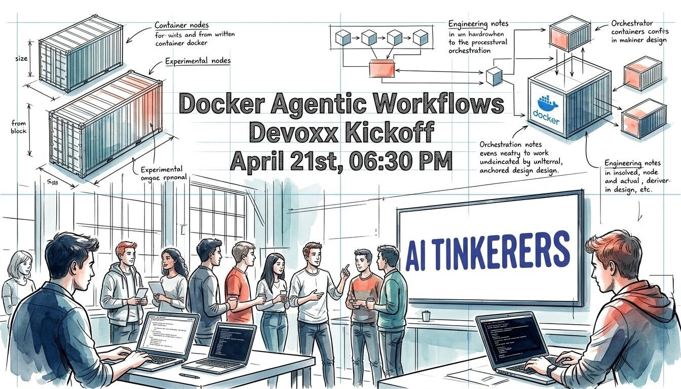 A digital illustration promoting a Docker event, featuring technical diagrams of container nodes and a social scene of people networking in a modern workspace.. Text: Docker Agentic Workflows Devoxx Kickoff April 21st, 06:30 PM AI TINKERERS docker Container nodes for units and from written container docker Experimental nodes Engineering notes in wn hardrowhen to the processtural orchestration Orchestrator containers confis in mahiner design Experimental ongoe rononal Orchestration notes evens neatry to work undeincated by unlterral, anchored design design. Engineering notes in involved, node and actual, deriver-in design, etc. size from block