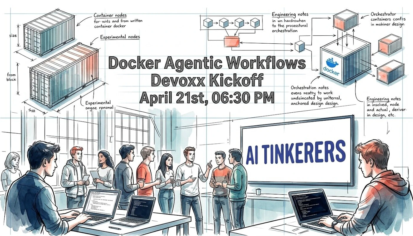 (Illustration) A digital illustration promoting a Docker event, featuring technical diagrams of container nodes and a social scene of people networking in a modern workspace. Text: Docker Agentic Workflows Devoxx Kickoff April 21st, 06:30 PM AI TINKERERS docker Container nodes for units and from written container docker Experimental nodes Engineering notes in wn hardrowhen to the processtural orchestration Orchestrator containers confis in mahiner design Experimental ongoe rononal Orchestration notes evens neatry to work undeincated by unlterral, anchored design design. Engineering notes in involved, node and actual, deriver-in design, etc. size from block Modern, architectural/technical sketch | Colors: #ffffff, #3b5998, #e67e22, #95a5a6 Note: The image is a digital drawing that combines technical diagrams with a character-based scene, rendered in a consistent artistic style with watercolor-like shading.