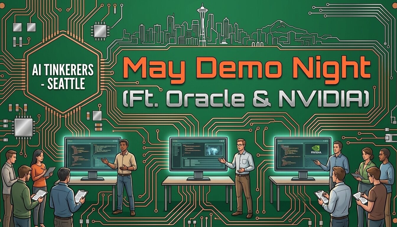 A promotional banner for an 'AI Tinkerers - Seattle' event titled 'May Demo Night', featuring an illustration of people at tech demo stations against a green circuit board background.. Text: AI TINKERERS - SEATTLE
May Demo Night
(Ft. Oracle & NVIDIA)