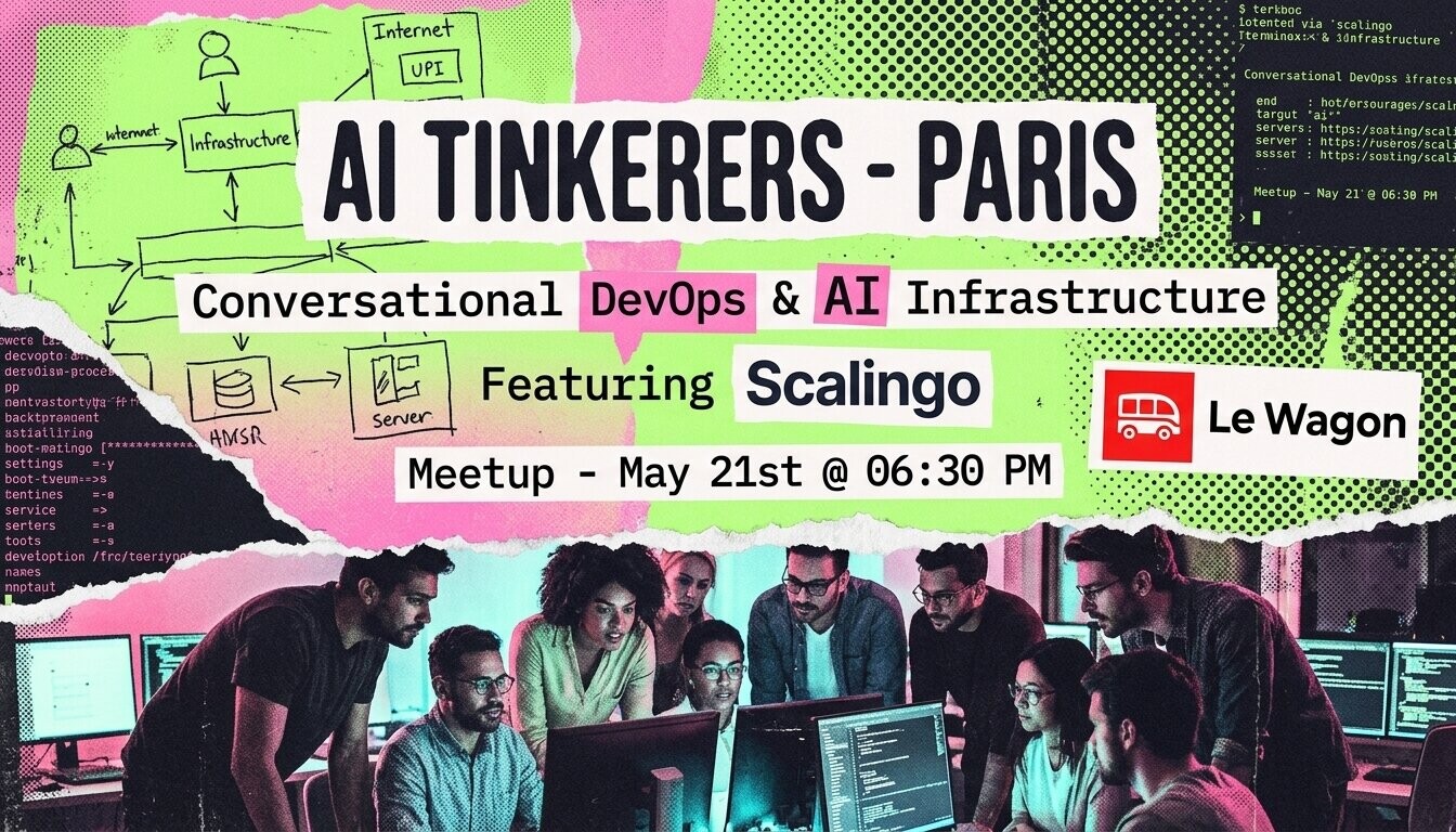 A vibrant, collage-style promotional banner for an 'AI Tinkerers - Paris' meetup event, featuring a photo of a group of people working on computers.. Text: AI TINKERERS - PARIS
Conversational DevOps & AI Infrastructure
Featuring Scalingo
Meetup - May 21st @ 06:30 PM
Le Wagon
Internet
UPI
Infrastructure
HMSR
Server