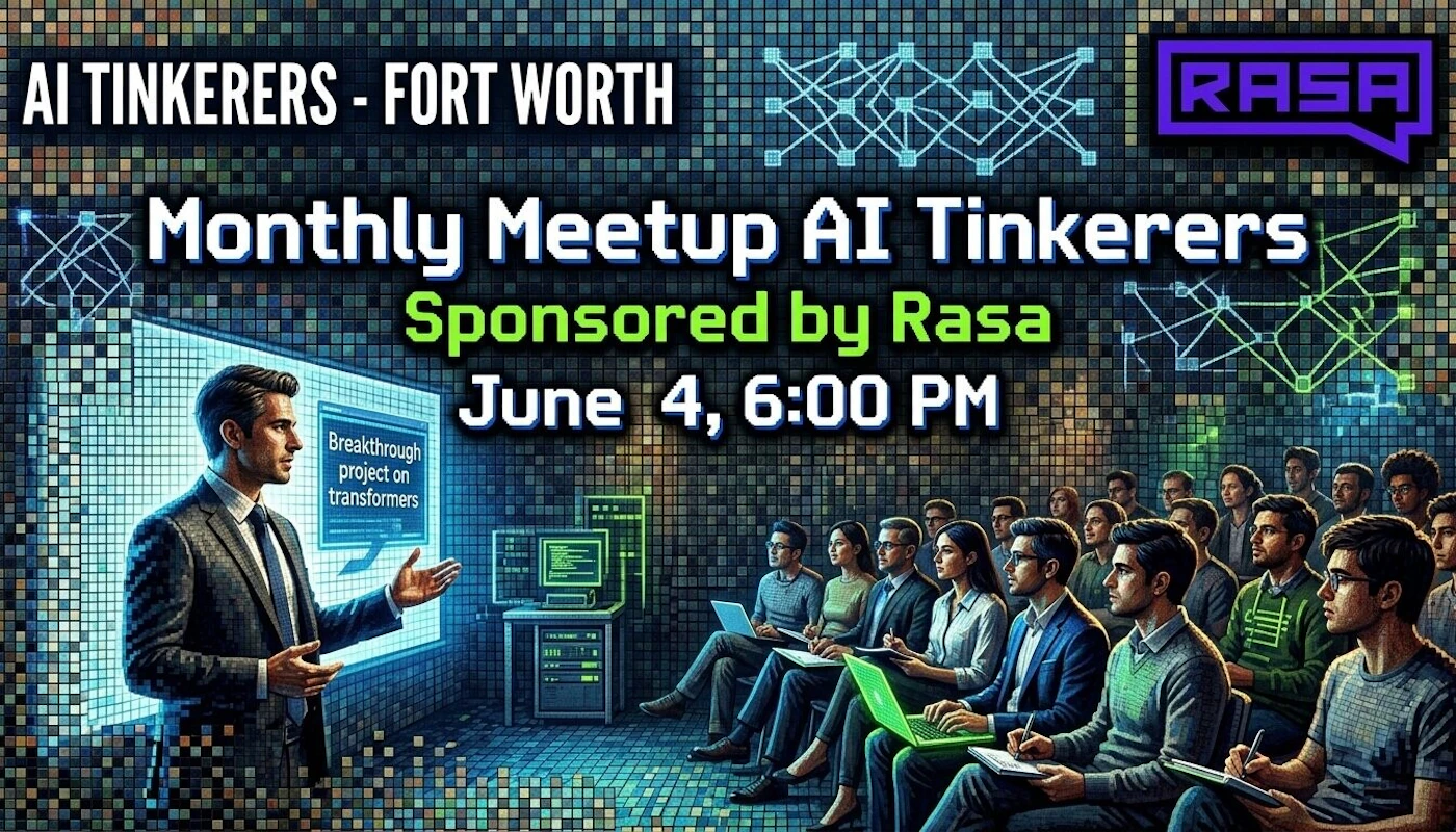 (Banner) A promotional banner for an AI Tinkerers meetup in Fort Worth sponsored by Rasa, featuring a digital illustration of a presenter speaking to an audience in a tech-themed lecture hall. Text: AI TINKERERS - FORT WORTH RASA Monthly Meetup AI Tinkerers Sponsored by Rasa June 4, 6:00 PM Breakthrough project on transformers futuristic, tech-oriented, digital art | Colors: #0b131a, #10b981, #7c3aed, #ffffff Note: The image is a promotional graphic designed to advertise a specific event, combining informational text with a thematic illustration.