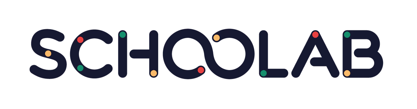 (Logo) The image displays a stylized wordmark logo for 'SCHOOLAB' in a dark blue, rounded font, adorned with small, colorful circular dots (orange, red, green) at various points on the letters, set against a solid black background. Text: SCHOOLAB Colors: #1F2633, #F7B500, #D0021B, #3CC480 Note: The image features a distinct, stylized wordmark designed to represent a brand or entity, which is the primary characteristic of a logo.
