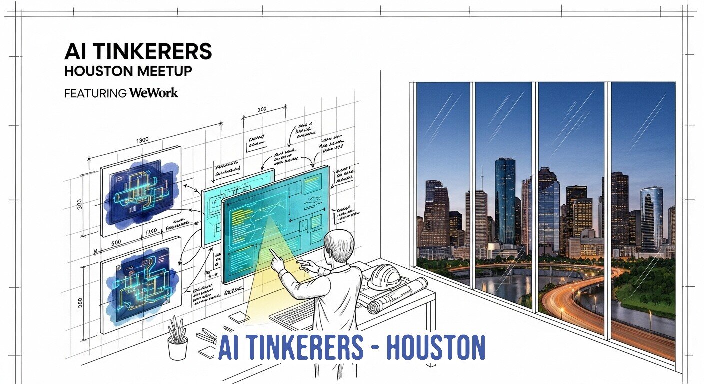 A promotional banner for an 'AI Tinkers Houston Meetup' featuring a hybrid illustration showing a person interacting with digital screens and blueprints in an office overlooking the Houston city skyline at dusk.. Text: AI TINKERERS HOUSTON MEETUP FEATURING WeWork AI TINKERERS - HOUSTON 1300 200 500 1400 300 [various small handwritten technical labels]