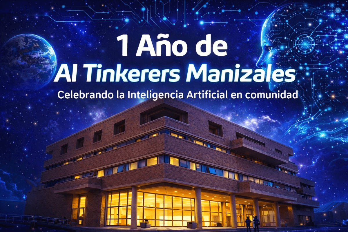 A promotional banner announcing the "1 Año de AI Tinkerers Manizales" (1 Year of AI Tinkerers Manizales), featuring a modern brick building at night overlaid with a futuristic, deep blue space scene, circuit patterns, and a digital representation of a human head.. Text: 1 Año de AI Tinkerers Manizales Celebrando la Inteligencia Artificial en comunidad