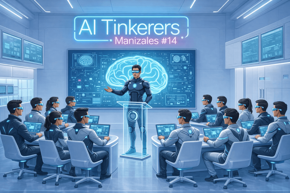 A futuristic digital illustration showing a speaker at a podium presenting to a group of people in a high-tech classroom, with a neon sign reading 'AI Tinkerers Manizales #14'.