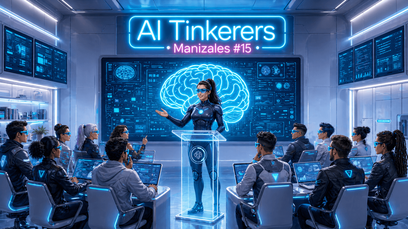 A futuristic digital illustration of a woman in a high-tech suit giving a presentation about AI to a seated audience in a laboratory-like setting.. Text: AI Tinkerers Manizales #15