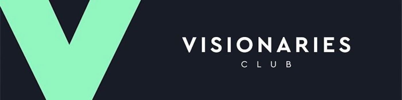 (Banner) A horizontal banner featuring a large, geometric mint-green 'V' shape on the left, set against a dark navy background, with the white text 'VISIONARIES CLUB' displayed on the right. Text: VISIONARIES CLUB Modern, minimal, and high-contrast. | Colors: #1E232A, #66E0A3, #FFFFFF Note: The image is a wide graphic designed for digital display, likely as a header or title card, featuring branding elements (logo-like 'V') and promotional text for a specific group.