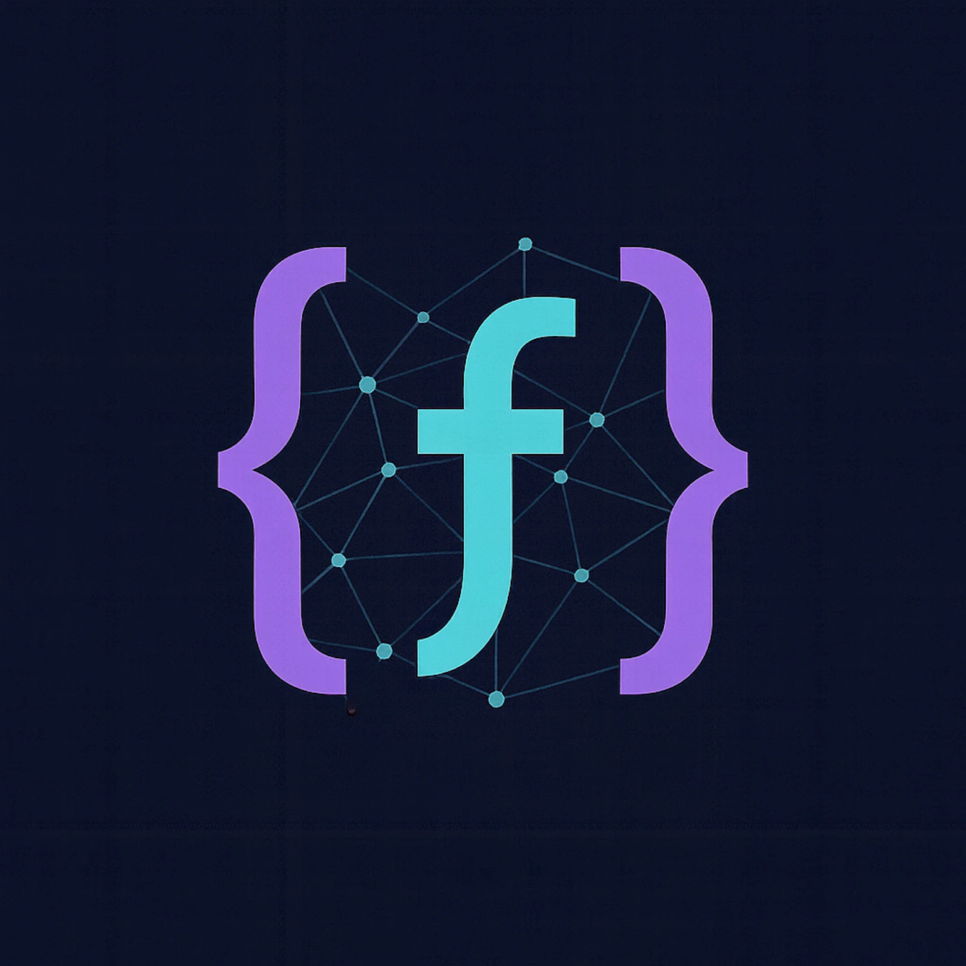 (Logo) The image displays a stylized logo featuring a lowercase 'f' in teal, enclosed within purple curly braces. A subtle network of dots and lines forms a background pattern within the braces, all set against a dark blue background. Text: f Colors: #242440, #8040C0, #40C0C0, #4080C0 Note: This image is categorized as a 'logo' because it features a distinctive, stylized graphic element (the letter 'f' within braces and a network pattern) designed to represent an entity or concept, often used for branding.