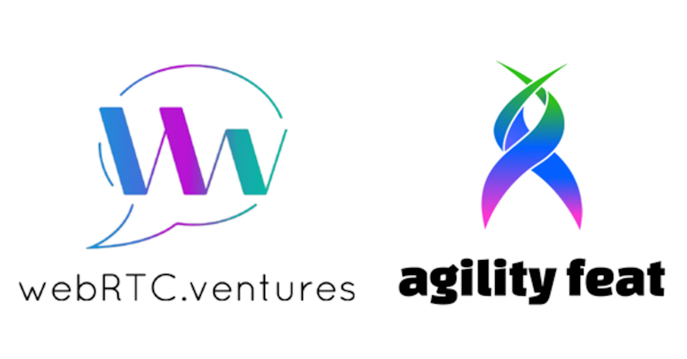 (Logo) The image displays two distinct company logos presented side-by-side on a plain white background. Text: webRTC.ventures agility feat Colors: #4A1C9E, #00B0B9, #20E54D, #1C4A9E, #9E1C4A Note: The image features two distinct graphic symbols, each accompanied by a brand name, designed to represent specific entities. This visual presentation is characteristic of corporate or brand logos.