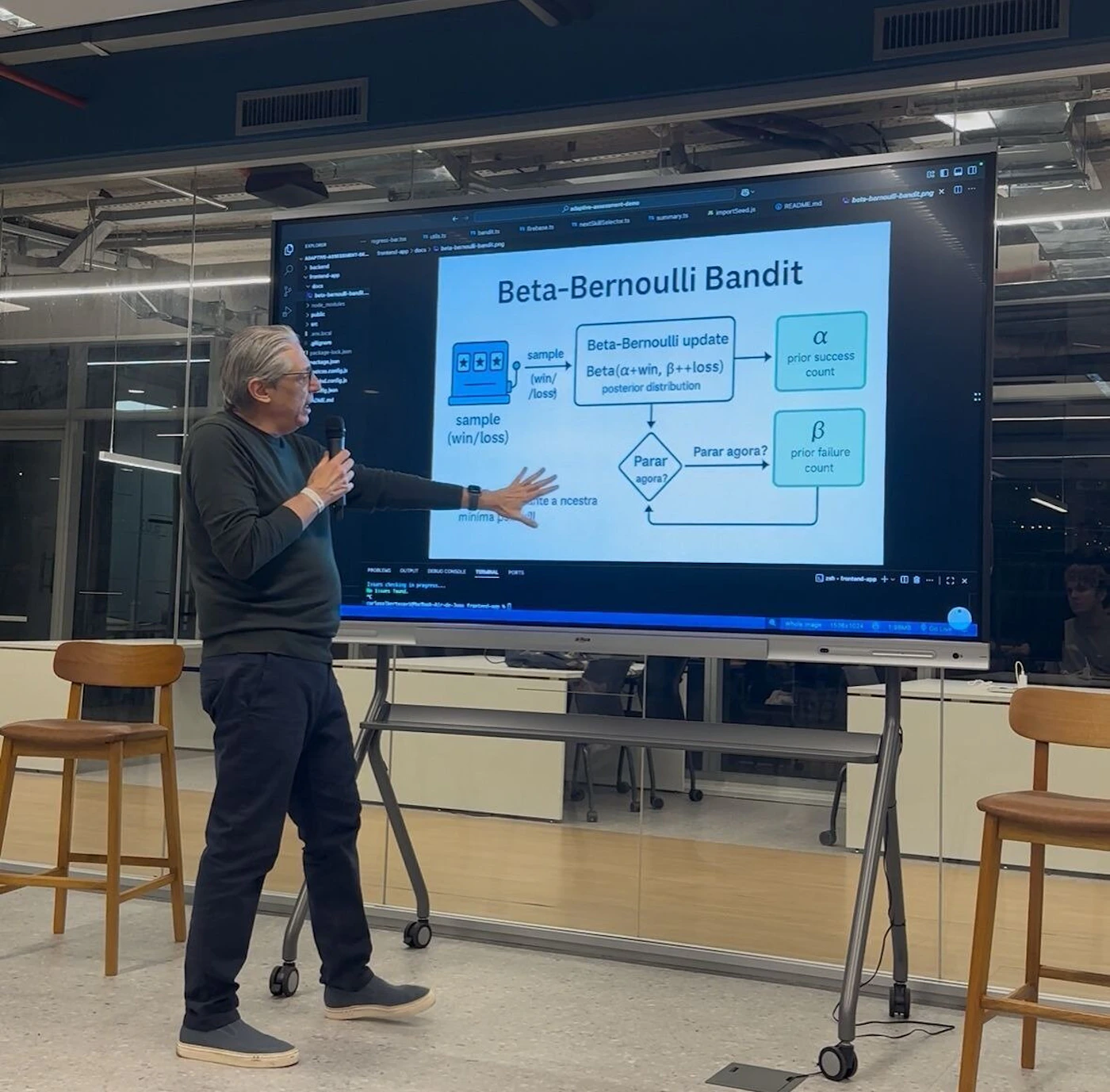 (Photo) A man is giving a presentation in a modern room, standing in front of a large screen that displays a technical flowchart titled 'Beta-Bernoulli Bandit'. He is holding a microphone and gesturing towards the screen. Text: Beta-Bernoulli Bandit sample (win/loss) Beta-Bernoulli update Beta(α+win, β+loss) posterior distribution Parar agora? α prior success count β prior failure count minima p[unreadable] a necestra adaptive-experiment-demo imported-bad.js README.md beta-bernoulli-bandit.png index.html package.json config.js beta-bernoulli-bandit.js PROBLEMS OUTPUT DEBUG CONSOLE TERMINAL PORTS Checking in progress... Ln 1, Col 1 Spaces: 4 UTF-8 CRLF TypeScript React Go Live Prettier Source Control Notifications person presenting, technical presentation | indoor, modern office or conference room | man holding a microphone, large interactive display screen showing a flowchart, two wooden bar stools, glass partitions in the background | candid, documentary | Colors: #282c34, #e0f2f7, #a06e3e, #3f4a4c, #f0f0f0 Note: The image captures a real-world scene of a person giving a presentation, characteristic of a photograph. It documents an event rather than being a designed graphic or document.