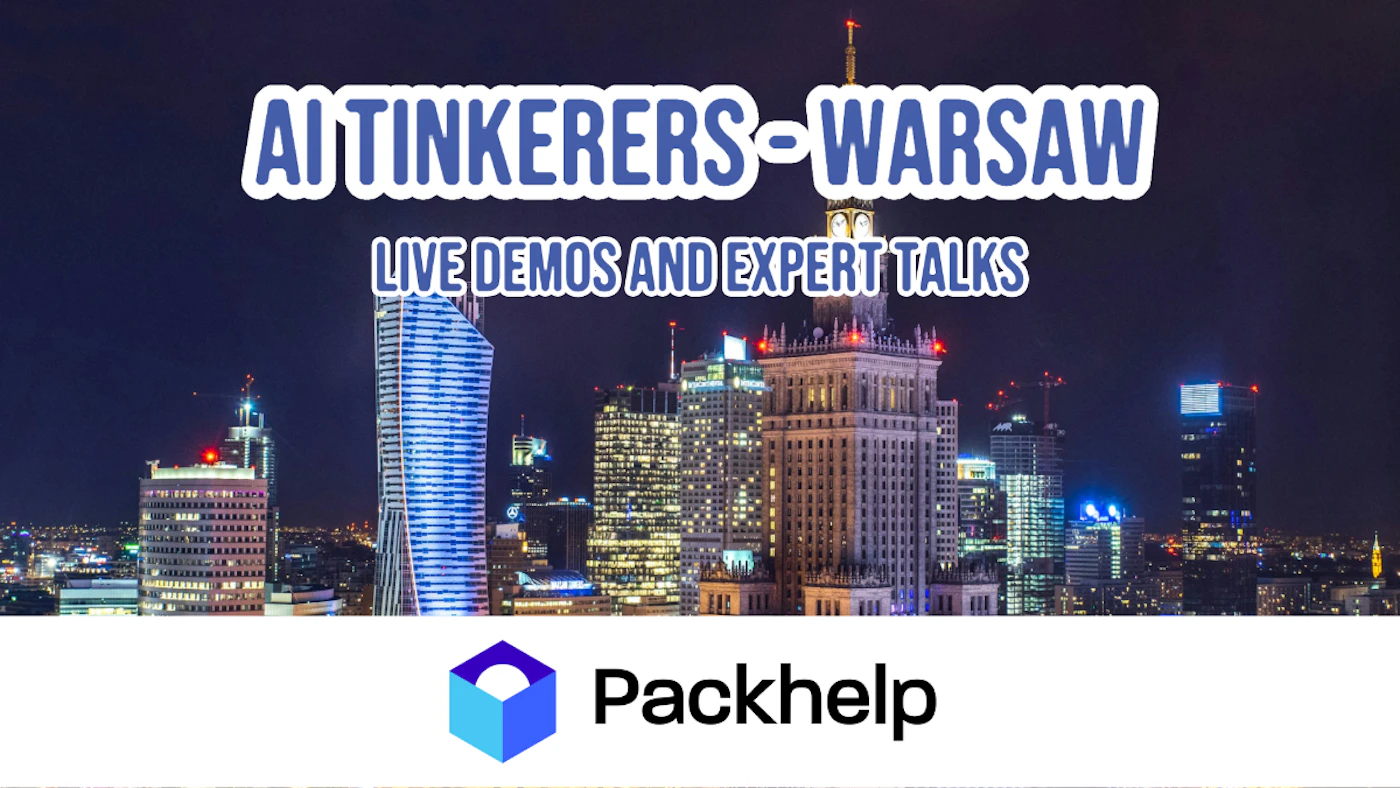 (Banner) A banner advertising an AI Tinkers event in Warsaw, featuring live demos and expert talks. The banner includes a nightscape of the Warsaw skyline and the Packhelp logo. Text: AI TINKERERS - WARSAW LIVE DEMOS AND EXPERT TALKS Packhelp modern | Colors: #182B49, #FFFFFF, #2750E4 Note: The image is clearly a promotional banner advertising an event. It contains headline text, supporting text, a background image, and a logo, all common elements of banners.