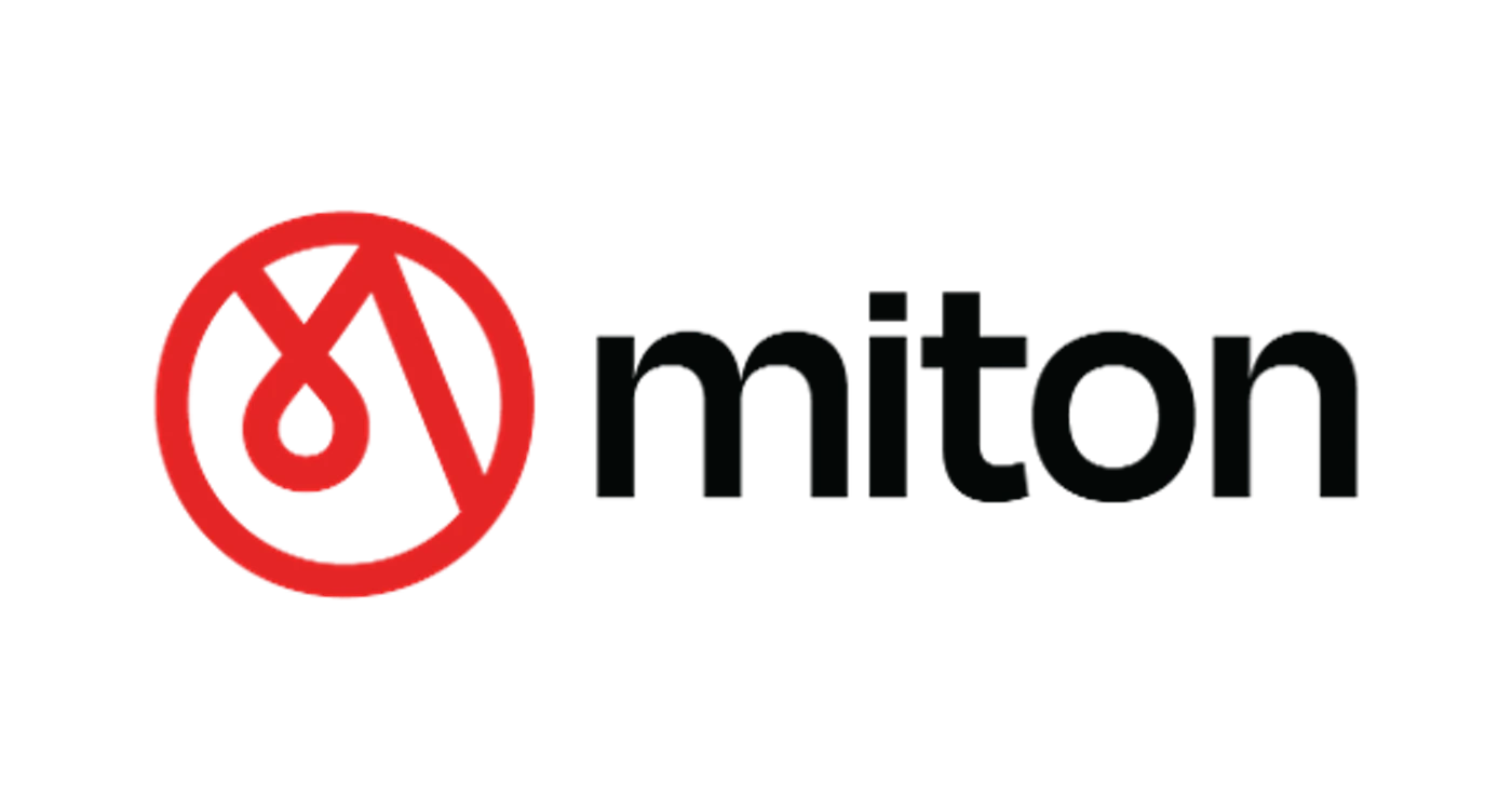 (Logo) A logo featuring a red abstract graphic within a circle, accompanied by the dark grey text "miton" on a black background. Text: miton Colors: #E60000, #333333, #000000 Note: The image clearly presents a stylized graphic symbol alongside a company name, which are the defining characteristics of a brand logo designed for identification.