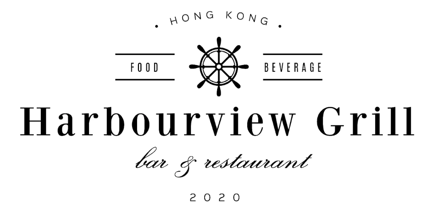 (Logo) A black and white logo for 'Harbourview Grill', featuring a ship's wheel graphic and text indicating it is a bar & restaurant in Hong Kong, established in 2020. Text: HONG KONG FOOD BEVERAGE Harbourview Grill bar & restaurant 2020 Colors: #000000, #FFFFFF Note: This image is designed to represent a business or brand, combining a distinct name with a symbolic graphic and descriptive text, which are characteristics of a logo.