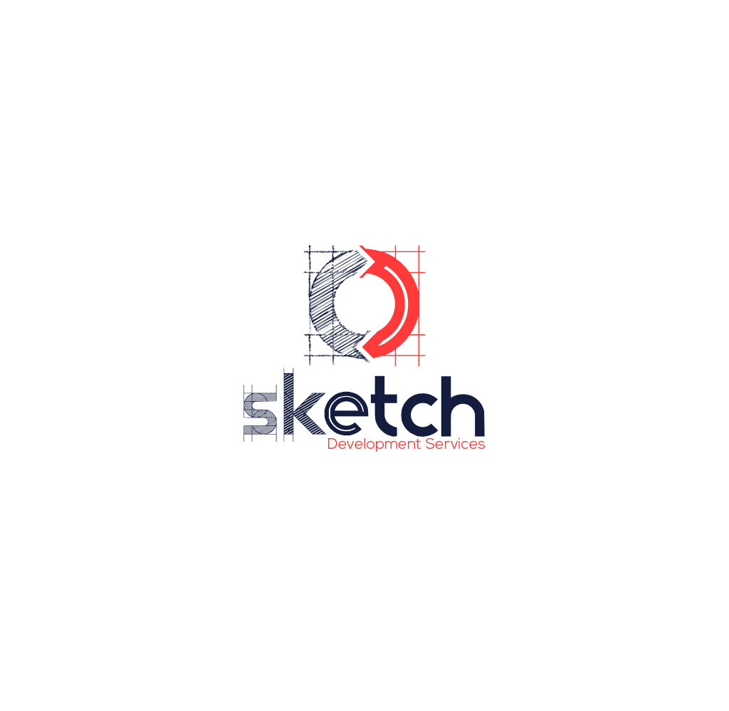 (Logo) A logo featuring the word 'sketch' in a dark blue, stylized font, with 'Development Services' in smaller red text below it. Above the text is a circular graphic composed of two curved arrows, one blue with a sketched texture on a grid, and the other solid red. Text: sketch Development Services Colors: #FFFFFF, #202040, #E02020 Note: This image is designed to represent a brand or company, combining a distinctive graphic symbol with a company name and tagline, which is the defining characteristic of a logo.