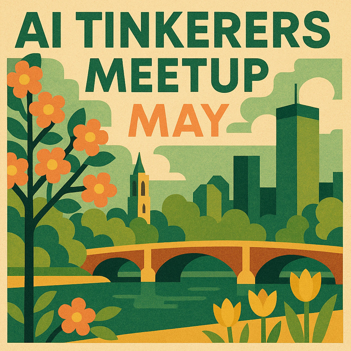 (Illustration) This is an illustration for an 'AI Tinkerers Meetup' event in May. It features a stylized cityscape with a bridge, flowers, and buildings in a retro, textured style. Text: AI TINKERERS MEETUP MAY Flat, textured | Colors: #E9E2C4, #386B3B, #E17934 Note: The image is a stylized representation of a scene, not a photograph. It has a distinct art style and uses flat colors and textures, indicating it's an illustration.