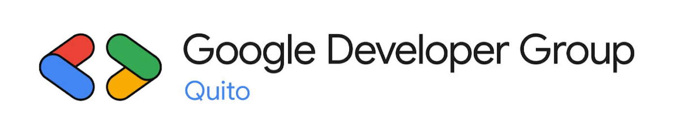 (Logo) A logo for the Google Developer Group Quito, featuring a colorful graphic composed of two abstract, angled shapes (one pointing left, one pointing right) in red, blue, green, and yellow, alongside the group's name. Text: Google Developer Group Quito Colors: #EA4335, #4285F4, #34A853, #FBBC05, #000000 Note: The image displays a distinct graphic symbol combined with text identifying a specific organization ('Google Developer Group Quito'), which is the primary function of a logo for branding purposes.