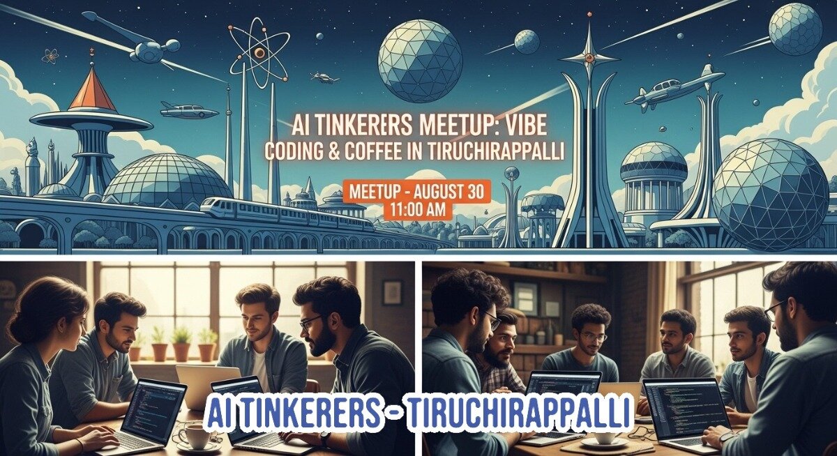 A promotional banner for an 'AI Tinkerers Meetup', featuring a futuristic city illustration at the top with event details, and two 'photo-like' sections at the bottom depicting people working on laptops, overlaid with the group's name.. Text: AI TINKERERS MEETUP: VIBE CODING & COFFEE IN TIRUCHIRAPPALLI MEETUP - AUGUST 30 11:00 AM AI TINKERERS - TIRUCHIRAPPALLI