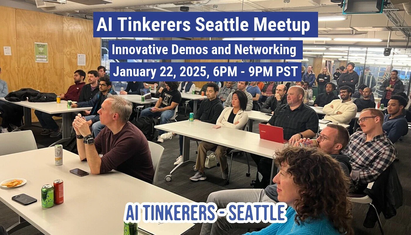 (Banner) A photograph showing a large group of people attending an indoor tech meetup, overlaid with prominent white text on blue backgrounds advertising the "AI Tinkerers Seattle Meetup" event details for January 22, 2025. Text: AI Tinkerers Seattle Meetup Innovative Demos and Networking January 22, 2025, 6PM - 9PM PST AI TINKERERS-SEATTLE FREE GUEST WIFI [unreadable] Informational, bold text overlays on a candid photo. | Colors: #294793, #FFFFFF, #A38A6A Note: The image is a photograph used as a background for prominent, stylized text blocks advertising a specific event (AI Tinkerers Seattle Meetup), making its primary function that of a promotional banner.