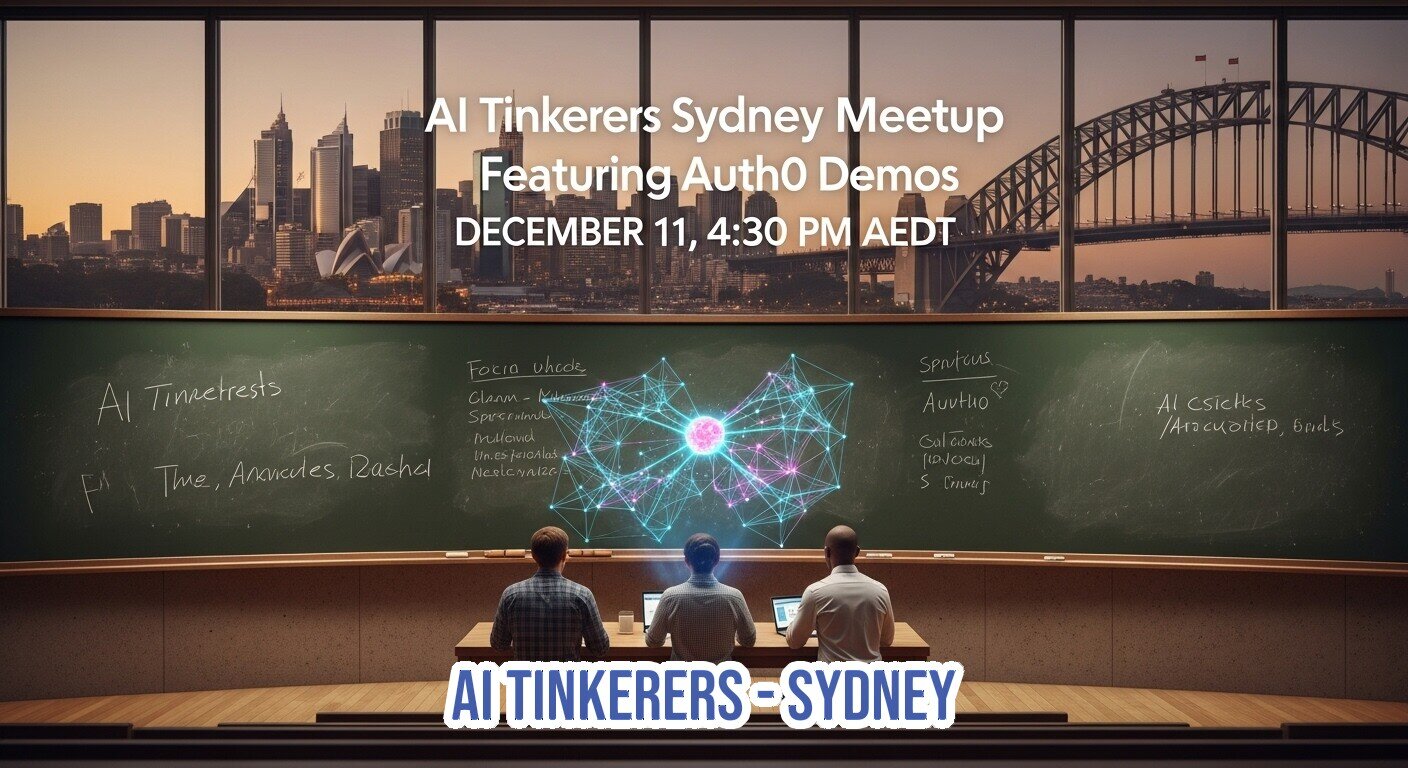 A promotional banner advertising the 'AI Tinkerers Sydney Meetup featuring Auth0 Demos' on December 11th, set against a stylized image of a lecture hall overlooking the Sydney skyline at dusk.. Text: AI Tinkerers Sydney Meetup
Featuring Auth0 Demos
DECEMBER 11, 4:30 PM AEDT
Al Tinaetrests
F' Time, Anancutes, Dashel
Focia wheele
Gleam - [unreadable]
Spreedume
Meloud
Im.especioles
Neslocolize
Spatious
Auuthio
Cul.coaks
[unreadable]
S. Trup
Al csiektes
/Aracuolied, Drads
AI TINKERERS-SYDNEY