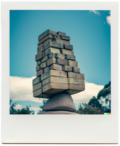 A photo of a sculpture made of stacked rectangular blocks balanced on a rounded base, set against a blue sky with some clouds and trees in the background.