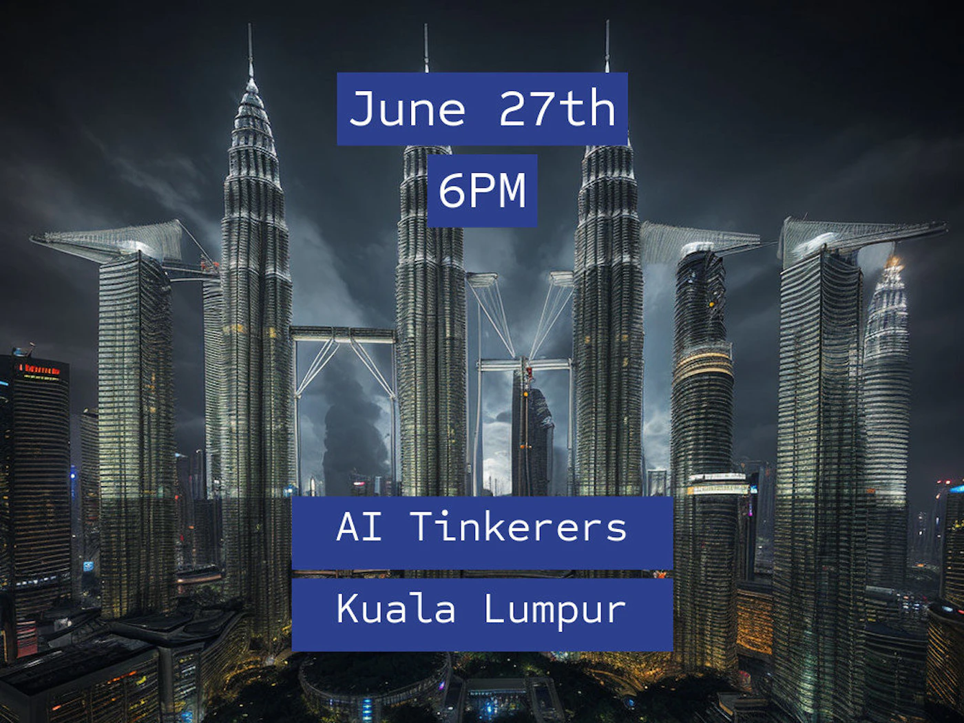 (Banner) A dark, dramatic promotional banner announcing an 'AI Tinkerers' event in Kuala Lumpur, featuring an overlaid date and time (June 27th, 6PM) on a photograph of futuristic skyscrapers at night. Text: June 27th 6PM AI Tinkerers Kuala Lumpur Dark, dramatic, and informational. | Colors: #FFFFFF, #0A0C0E, #2A43B8 Note: The image is clearly designed as a promotional announcement, combining a dramatic photographic background with structured, informational text overlays, fitting the definition of a banner.