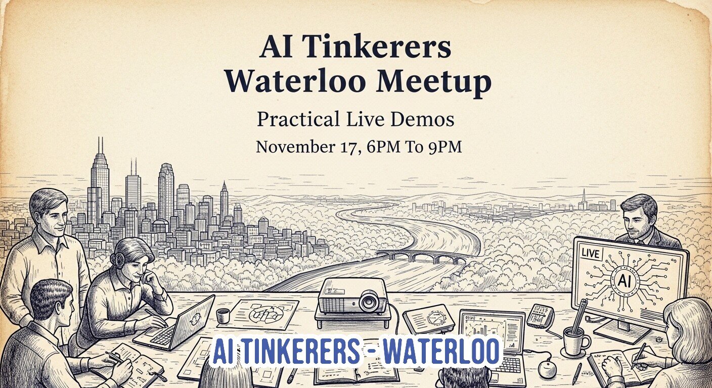 A promotional banner advertising the 'AI Tinkerers Waterloo Meetup' on November 17, featuring an illustration of a group of people collaborating around a table with laptops and a projector, set against a backdrop of a city skyline and landscape.. Text: AI Tinkerers Waterloo Meetup Practical Live Demos November 17, 6PM To 9PM AI TINKERERS - WATERLOO LIVE AI
