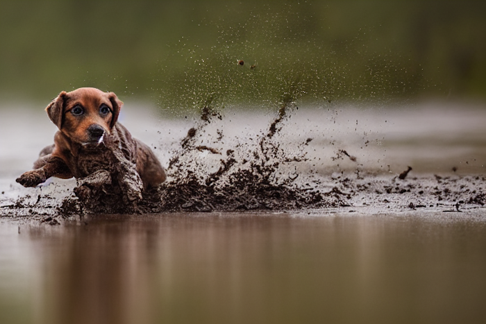 A small brown dog is running through a muddy puddle, creating a splash of mud and water.