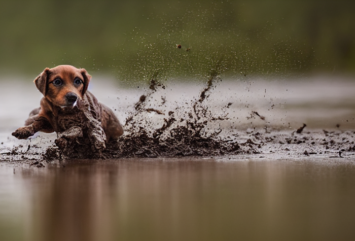 A small brown dog is running through a muddy puddle, creating a splash of mud and water.