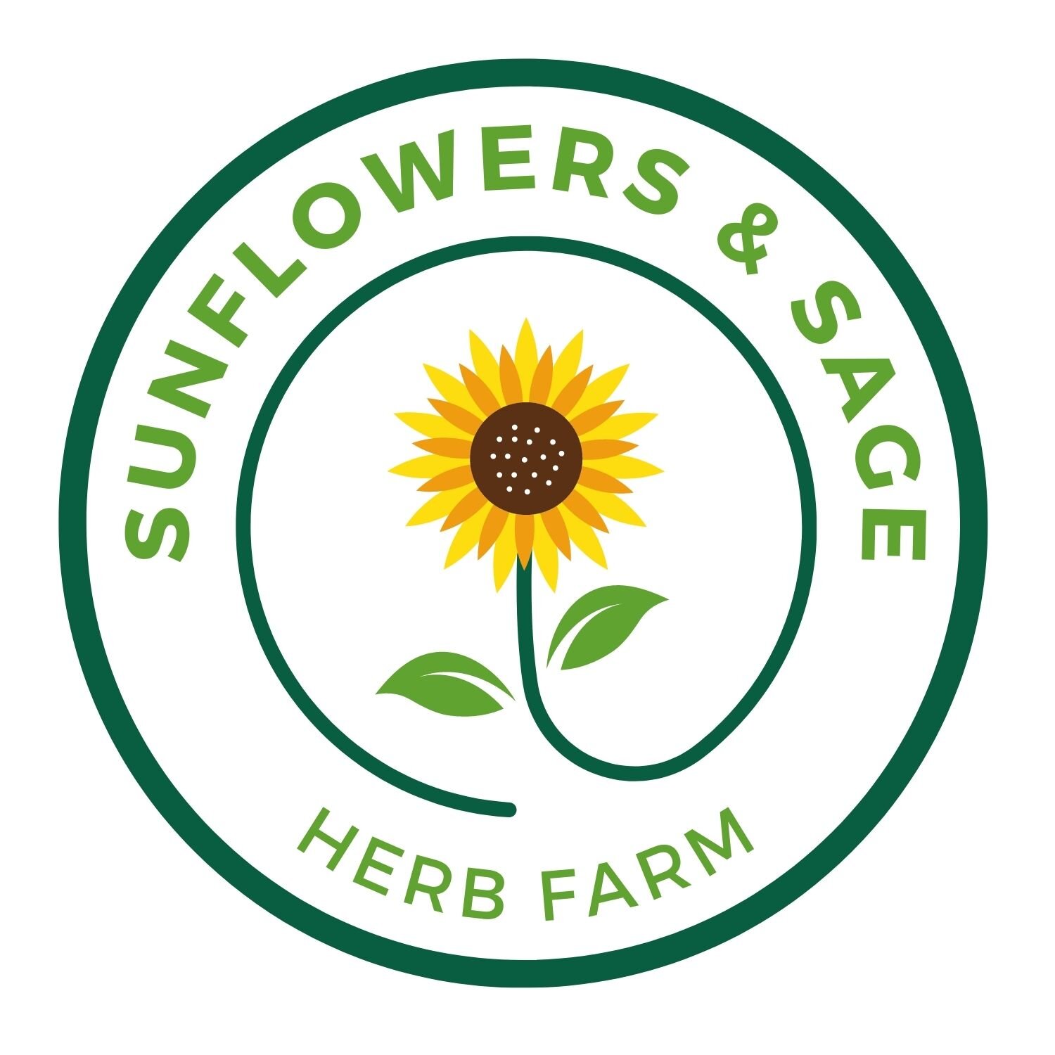 (Logo) A circular logo for a business named 'Sunflowers & Sage Herb Farm,' featuring a stylized illustration of a sunflower at the center, enclosed by concentric green rings. Text: SUNFLOWERS & SAGE HERB FARM Colors: #226622, #66aa33, #ffcc00, #884400 Note: The image is a professionally designed, stylized graphic intended for branding and identification, characterized by typography arranged around a central illustrative element.