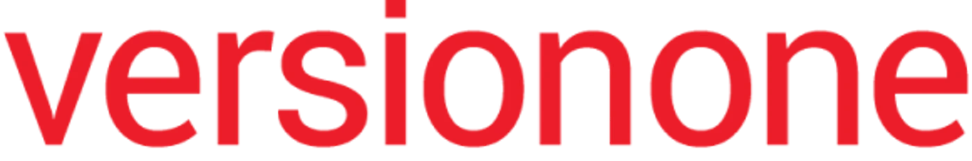 (Logo) The image displays the word 'versionone' in bold, red, lowercase letters set against a solid black background. Text: versionone Colors: #E60000, #000000 Note: The image consists solely of a highly stylized word, 'versionone', presented in a distinct font and color against a solid background, which is characteristic of a brand or company logo.