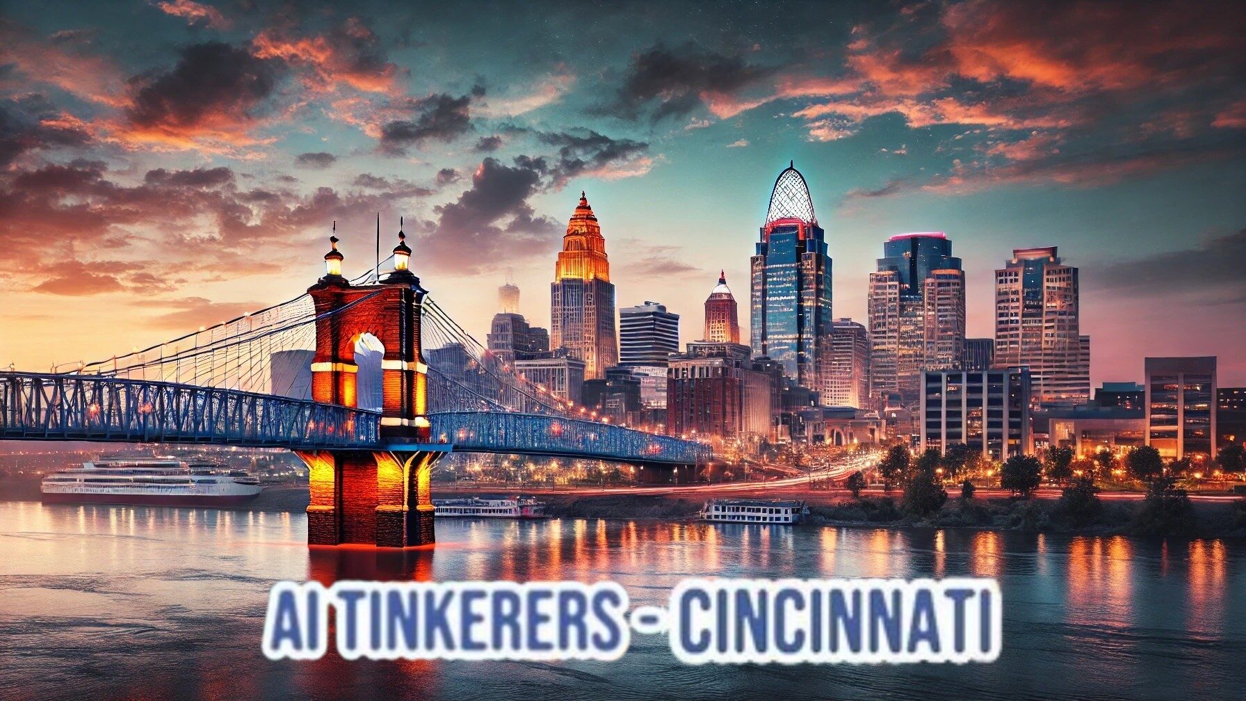 A panoramic view of the Cincinnati skyline at sunset, featuring the Roebling Suspension Bridge and the Ohio River.  The image includes the text overlay "AI Tinkeres - Cincinnati".