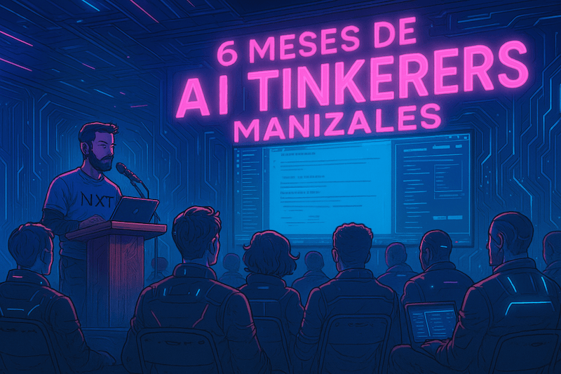 An illustration depicting a speaker at a podium addressing an audience in a dark, futuristic room with neon blue and pink lighting. A large screen displays unreadable content, and prominent neon text is visible above it.. Text: 6 MESES DE AI TINKERERS MANIZALES NXT [unreadable]