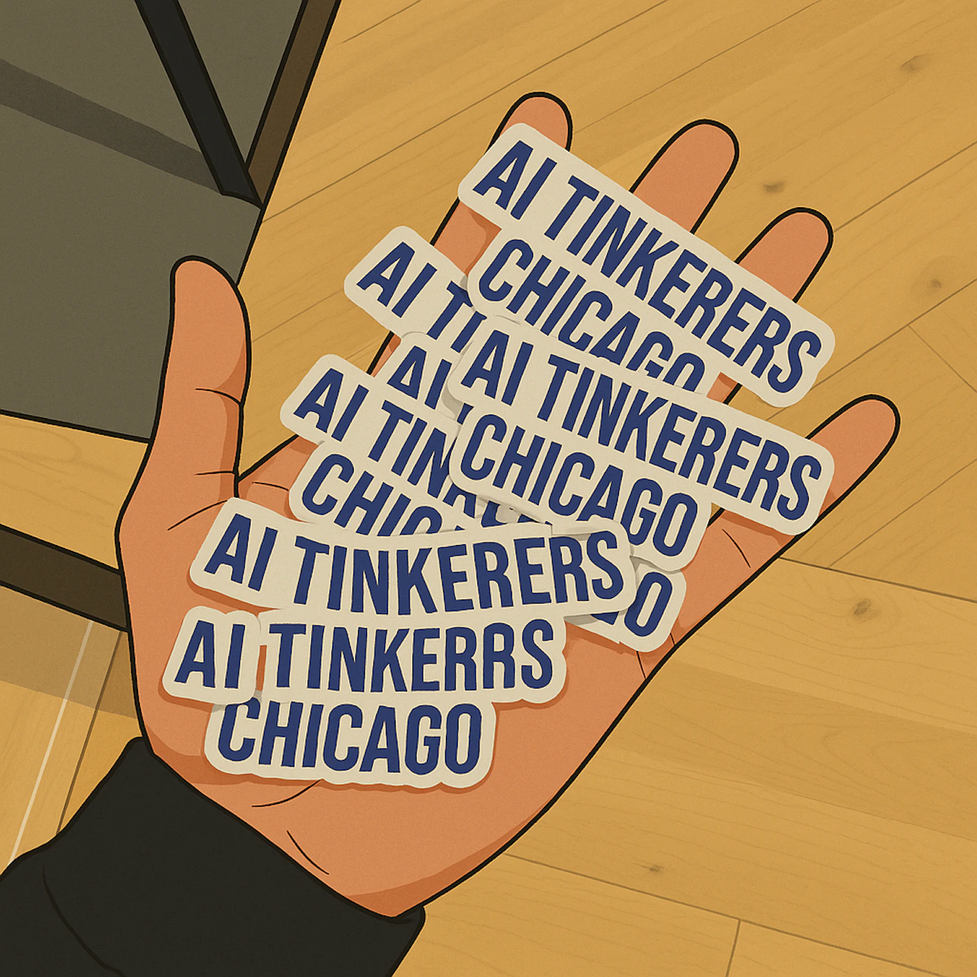 (Illustration) An illustration shows a hand holding several stickers that say "AI TINKERERS CHICAGO". The illustration has a cartoon-like style with clear outlines and simple shading. Text: AI TINKERERS CHICAGO AI TINKERERS AI TINKERERS CHICAGO AI TINKERERS AI TINKERERS CHICAGO flat | Colors: #E5D8C0, #24396B Note: The image is a stylized drawing with distinct outlines and flat colors, which is characteristic of an illustration. It doesn't appear to be a photograph or a realistic rendering.