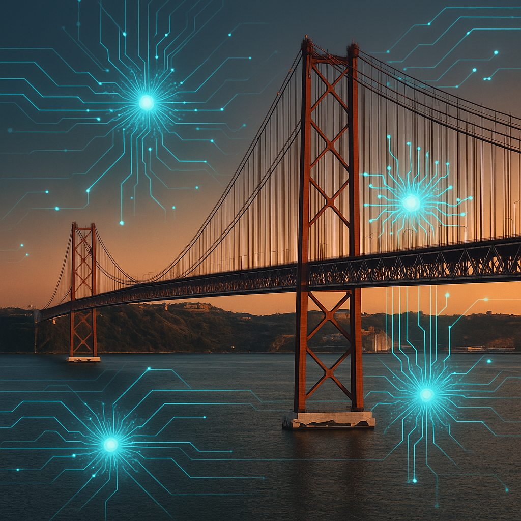 A composite digital image featuring a large red suspension bridge spanning a body of water under a sunset-colored sky, with glowing blue circuit board-like patterns overlaid throughout the scene.
