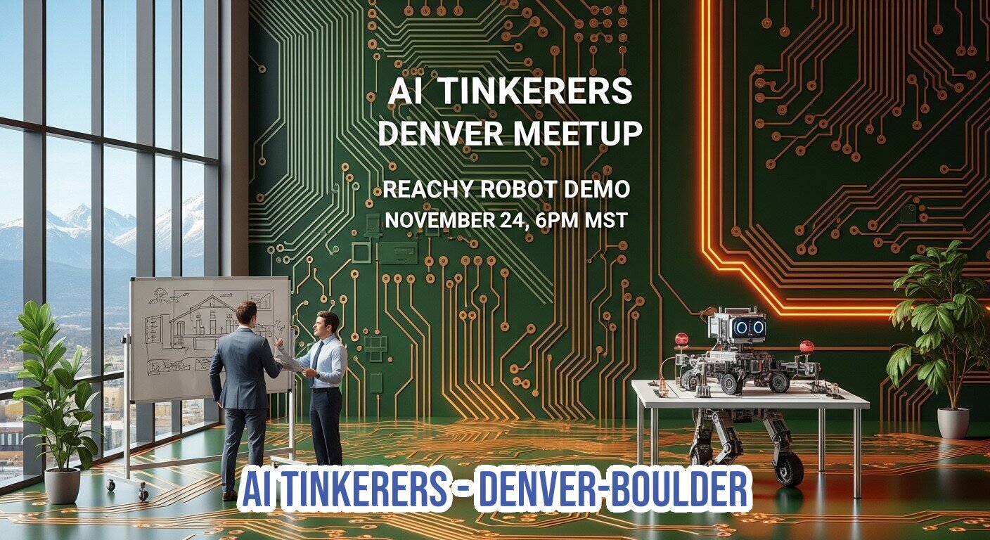 A promotional banner for the AI Tinkerers Denver Meetup, featuring event details overlaid on a futuristic indoor scene where two men in suits discuss plans near a whiteboard, and a 'Reachy Robot' sits on a table.. Text: AI TINKERERS
DENVER MEETUP
REACHY ROBOT DEMO
NOVEMBER 24, 6PM MST
AI TINKERERS - DENVER - BOULDER
