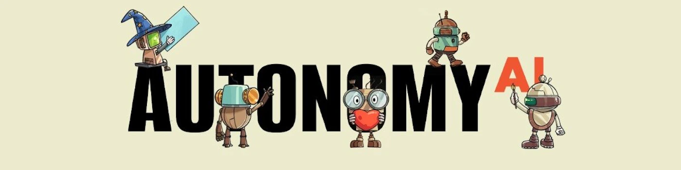 (Banner) A graphic banner featuring the large, bold text "AUTONOMY AI" surrounded by several small, whimsical, cartoon robots standing on or near the letters. Text: AUTONOMY AI Bold typography combined with detailed, whimsical, cartoon illustrations. | Colors: #000000, #EAE4D0, #C84632, #73A8A4 Note: The image is designed in a wide, horizontal format featuring large, attention-grabbing text integrated with illustrative elements, typical of a web header or promotional banner.