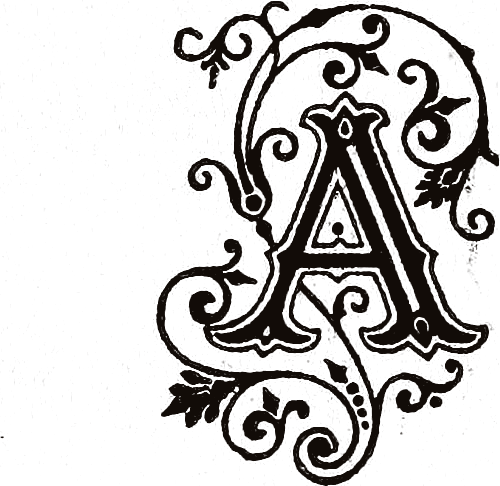 An ornate, decorative capital letter 'A' featuring intricate floral and scrollwork flourishes.