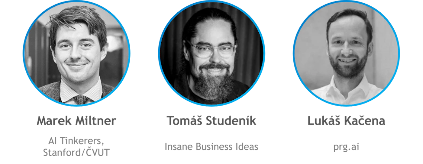 (Other) The image shows three circular headshots of men, likely part of a team or company introduction, each with their names and titles/roles listed below. Text: Marek Altmann AI Theories, Stanford/ICUT Tomas Studenik Insane Business Ideas Lukas Kacena proud Note: While containing photographic elements, the image's primary purpose is to introduce individuals and their roles, making it more of a composite graphic than a standalone photo, banner, or logo.