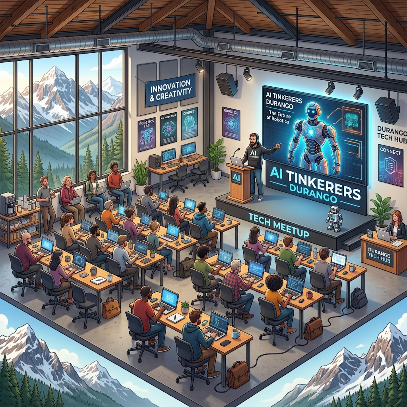 (Illustration) An isometric digital illustration of a tech meetup called 'AI Tinkerers Durango' taking place in a modern loft with mountain views. Text: INNOVATION & CREATIVITY, AI TINKERERS DURANGO - The Future of Robotics, TECH MEETUP, DURANGO TECH HUB, CONNECT, ROBOTICS clean vector-like render | Colors: #2C3E50, #3498DB, #E74C3C Note: The image is a stylized, 3D-like isometric digital drawing depicting a classroom-style tech presentation.