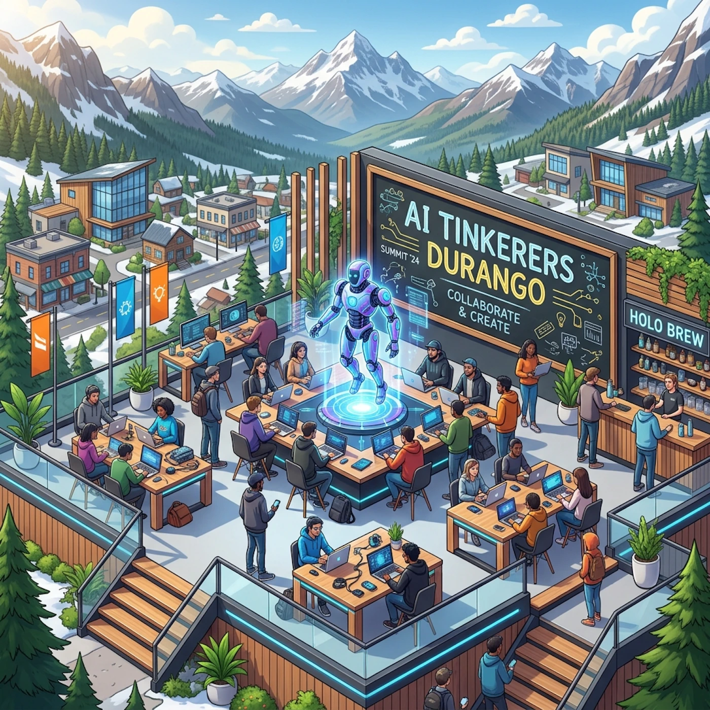(Illustration) A digital isometric illustration of a collaborative tech event called 'AI Tinkerers Durango' set in a snowy mountain resort, featuring people working on laptops around a central holographic robot. Text: AI TINKERERS DURANGO SUMMIT '24 COLLABORATE & CREATE HOLO BREW isometric vector | Colors: #4A90E2, #F5A623, #2C3E50, #E74C3C Note: The image uses a stylized, isometric digital art style with cartoon-like characters.