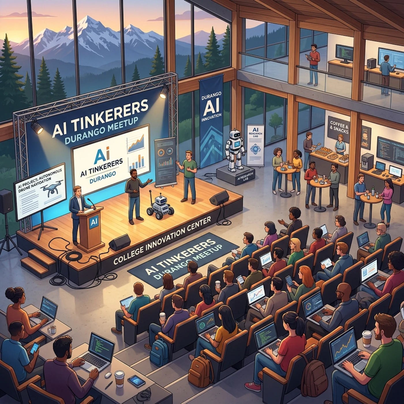 (Illustration) A digital illustration of an AI meetup event inside a college innovation center, featuring presenters on stage and an audience with laptops. Text: AI TINKERERS DURANGO MEETUP, DURANGO AI INNOVATION, Ai AI TINKERERS DURANGO, AI PROJECT: AUTONOMOUS DRONE NAVIGATION, COLLEGE INNOVATION CENTER, AI RESEARCH LAB, COFFEE & SNACKS flat-shaded 2D digital art | Colors: #1D3557, #457B9D, #E63946 Note: The image is a stylized digital vector illustration depicting a scene rather than a real-world photograph.