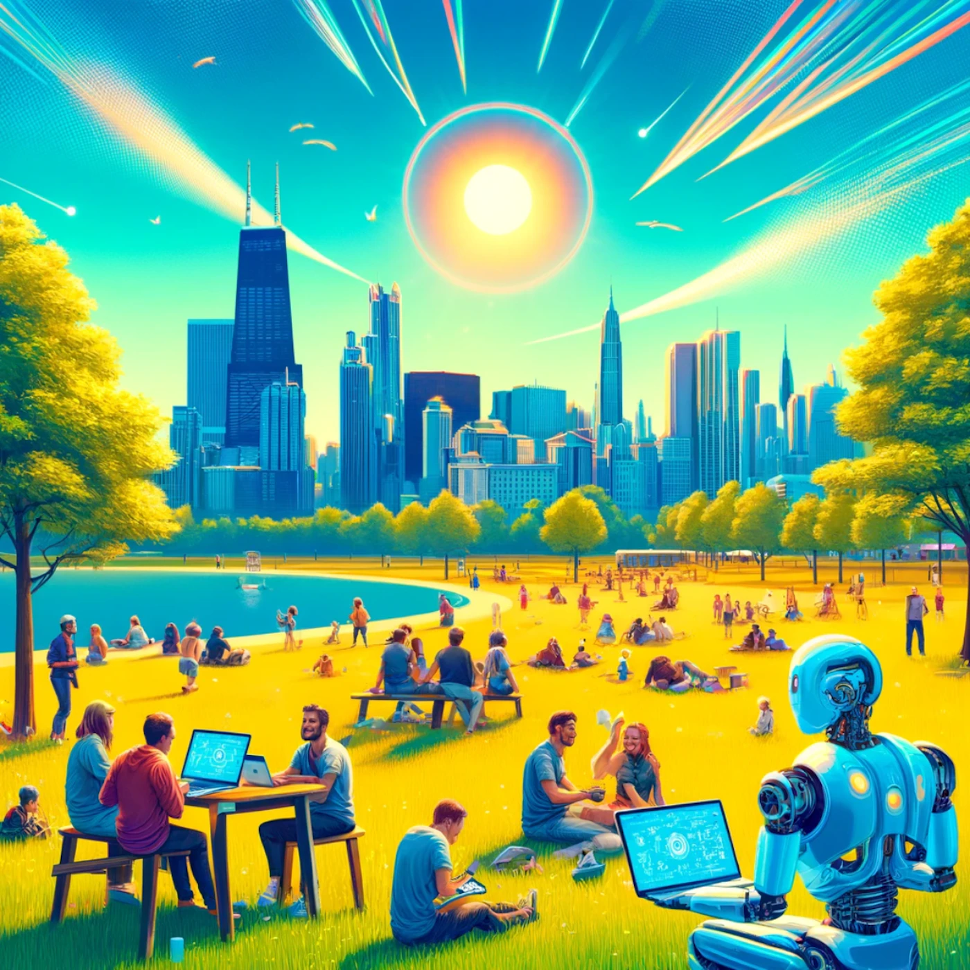 (Illustration) An illustration of people enjoying a sunny day in a park with a futuristic cityscape in the background, including a robot using a laptop. futuristic Note: The image is a stylized depiction of a scene, not a photograph. It has a clear artistic style and conveys a futuristic concept.
