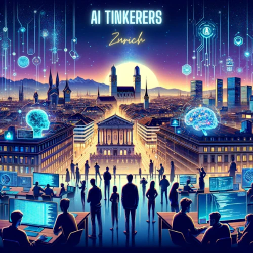 (Illustration) An illustration depicting a futuristic cityscape of Zurich with people working on computers in the foreground, overlaid with AI and technology-related imagery. Text: AI TINKERERS Zurich futuristic | Colors: #142850, #fca311, #202020, #1e6091, #ffffff Note: The image is a digitally created artwork depicting a futuristic scene, making it an illustration rather than a photo. It's not a logo, banner, or handwriting.