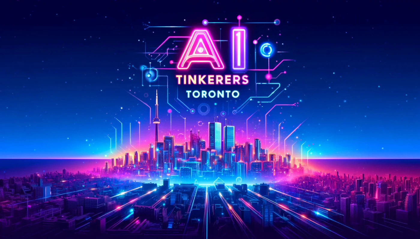 (Banner) A banner advertising an AI Tinkerer's event in Toronto, featuring a futuristic cityscape at night with glowing lines and the CN Tower. Text: AI TINKERERS TORONTO futuristic, vibrant | Colors: #0000FF, #FF00FF, #FF6EC7 Note: The image is clearly promotional, featuring a headline, event name, and location. The overall design suggests it's intended for advertising an event.