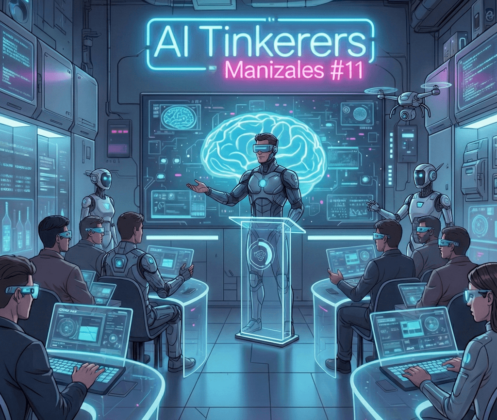 A futuristic digital illustration depicting a presenter in a high-tech suit addressing an audience wearing AR/VR goggles in a neon-lit laboratory setting, with a large glowing brain graphic displayed behind them.. Text: AI Tinkerers
Manizales #11